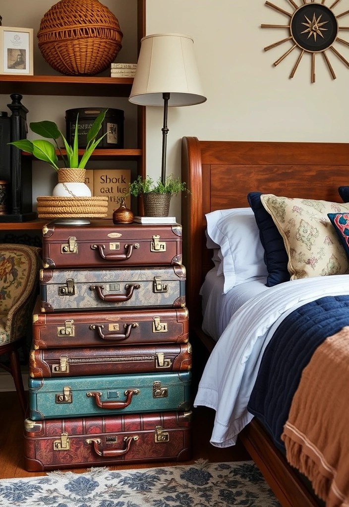 21 Dreamy Bedroom Makeovers That Cost Less Than $100 (You’ll Love #4!) - 18. Vintage Suitcases as Decor